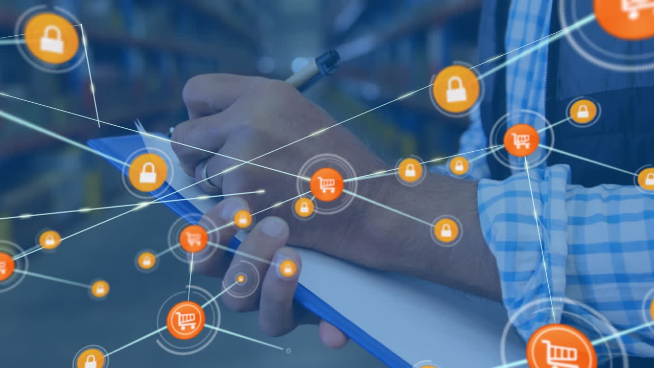 animación de la red de conexiones con iconos sobre el hombre escribiendo en el clipboard en el almacén