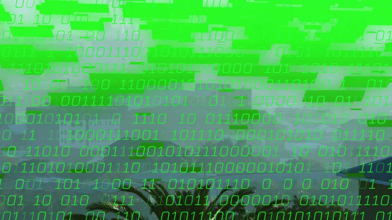 Incoming signal sparking green binary cascade over palm tree and rooftops, obscuring skyline