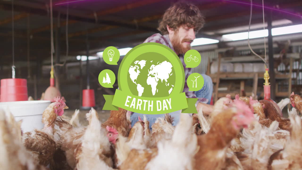 Earth Day animation over man feeding chickens in barn