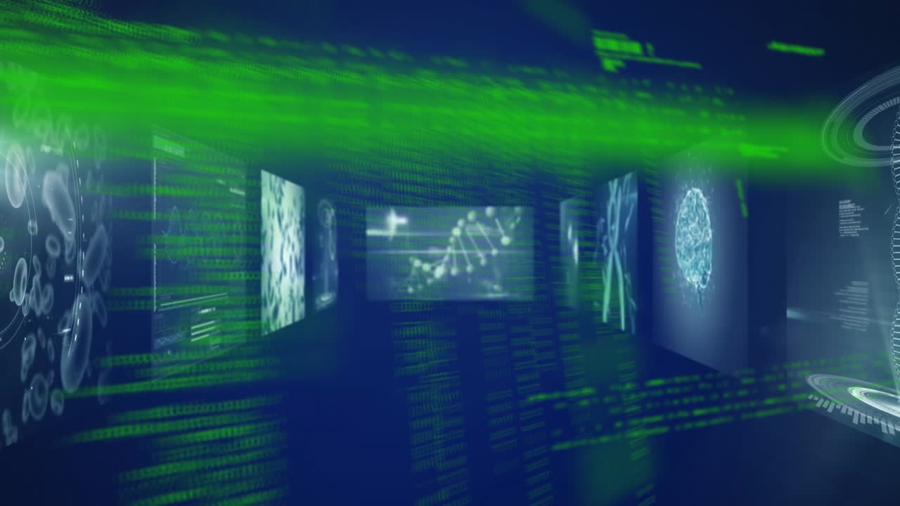 Animation of data processing on screens over 3d dna strand spinning