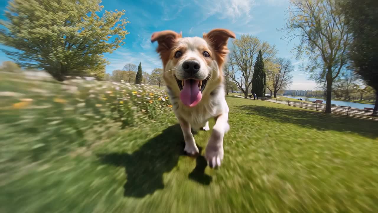 Cane bianco che corre velocemente in un prato del parco sul lago, con pettorina e fiori di campo, notando l'abbronzatura della fotocamera