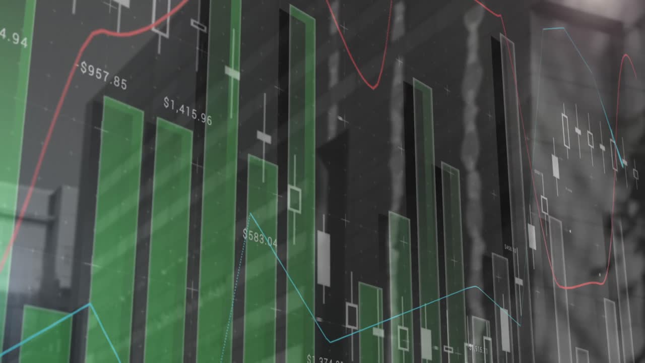 animación del procesamiento de datos estadísticos frente a la vista de un edificio alto