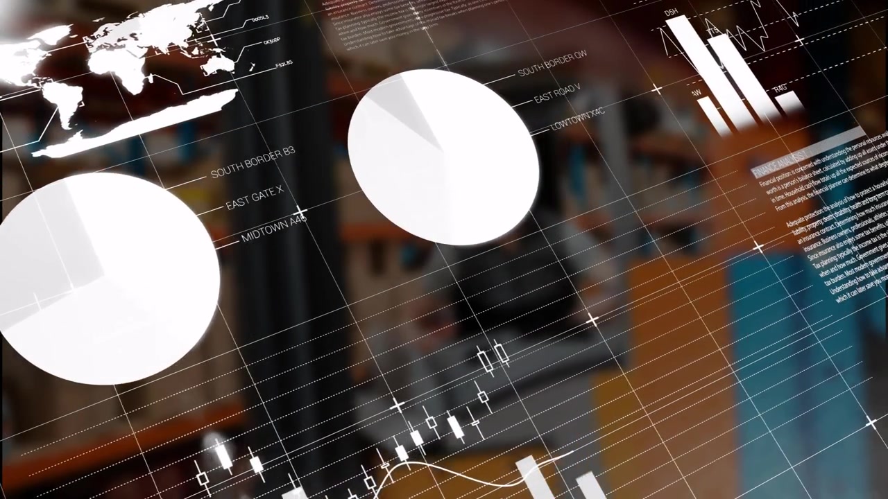 Workspace showcasing finance overlay, featuring world map, pie charts, bar chart, candlestick graph