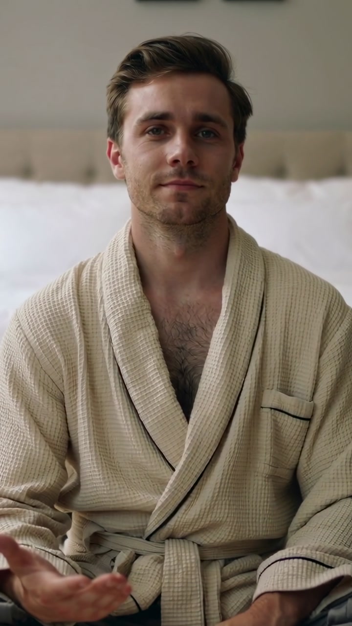 Vertical video: Camera rolling, man communicating with camera while sitting on bed with beige robe