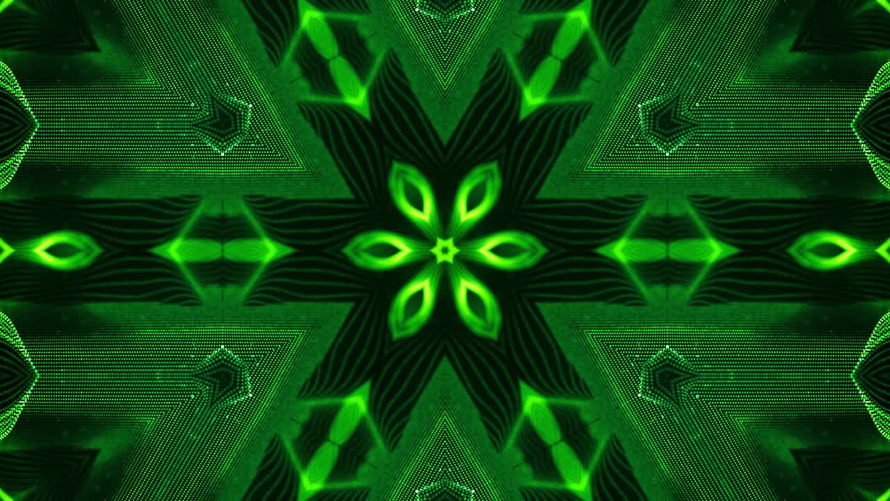 las partículas verdes brillantes forman líneas, superficies, patrones estelares, estructuras de caleidoscopio. fondo 3d de ciencia ficción en bucle de 4k con estructuras de puntos simétricos de abstracción en movimiento. bg virtual o holográfico