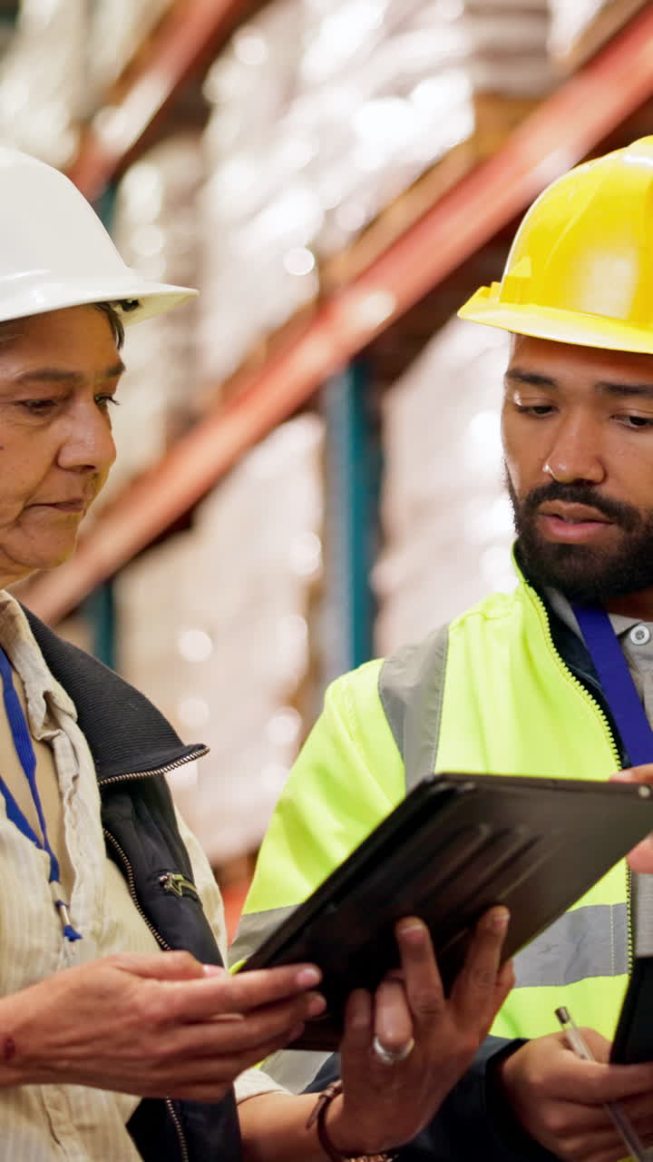 trabajadores del almacén discutiendo el inventario