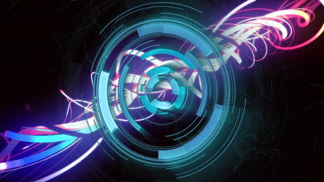 rotating circular shapes and neon lights animation over dark background