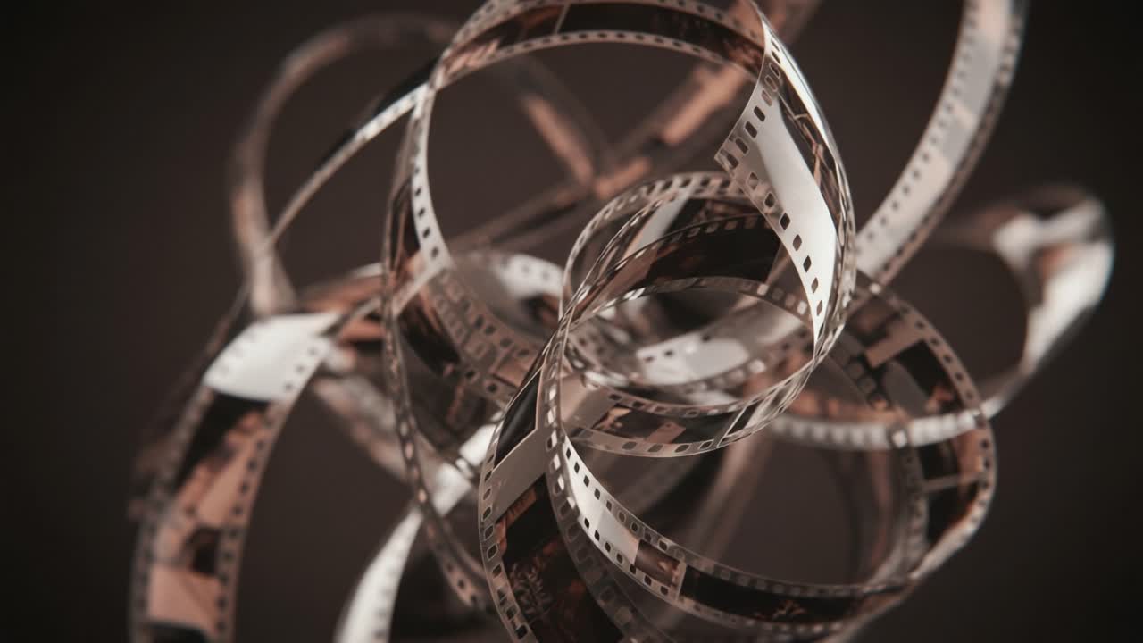 An Abstract Composition of Twisted Film Strips Displaying the Dynamic Movement and Artistic Beauty of Vintage Cinematic Elements in a Dark Background