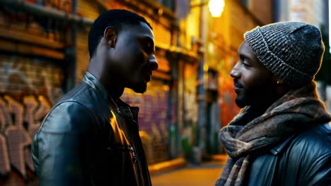 two men connect in a city alley at night