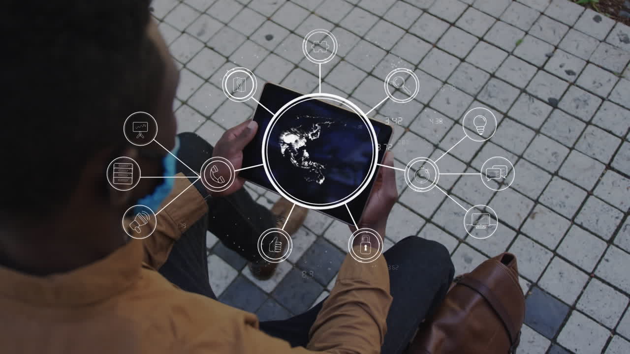 거리에서 태블릿을 사용하여 얼굴 마스크를 쓴 사업가와 함께 글로벌 디지털 인터페이스와 아이콘의 애니메이션