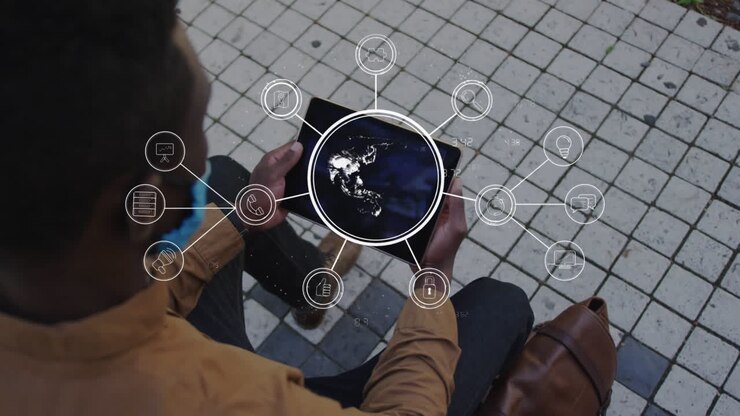 Animation of global digital interface and icons with businessman in face mask using tablet in street