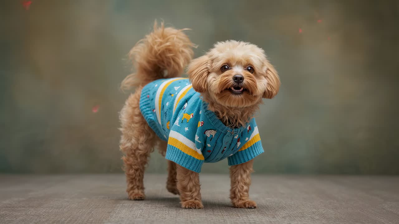 Reagendo a un segnale fuori campo, cane che alza la coda in studio mentre indossa un maglione blu in attesa di un dolcetto