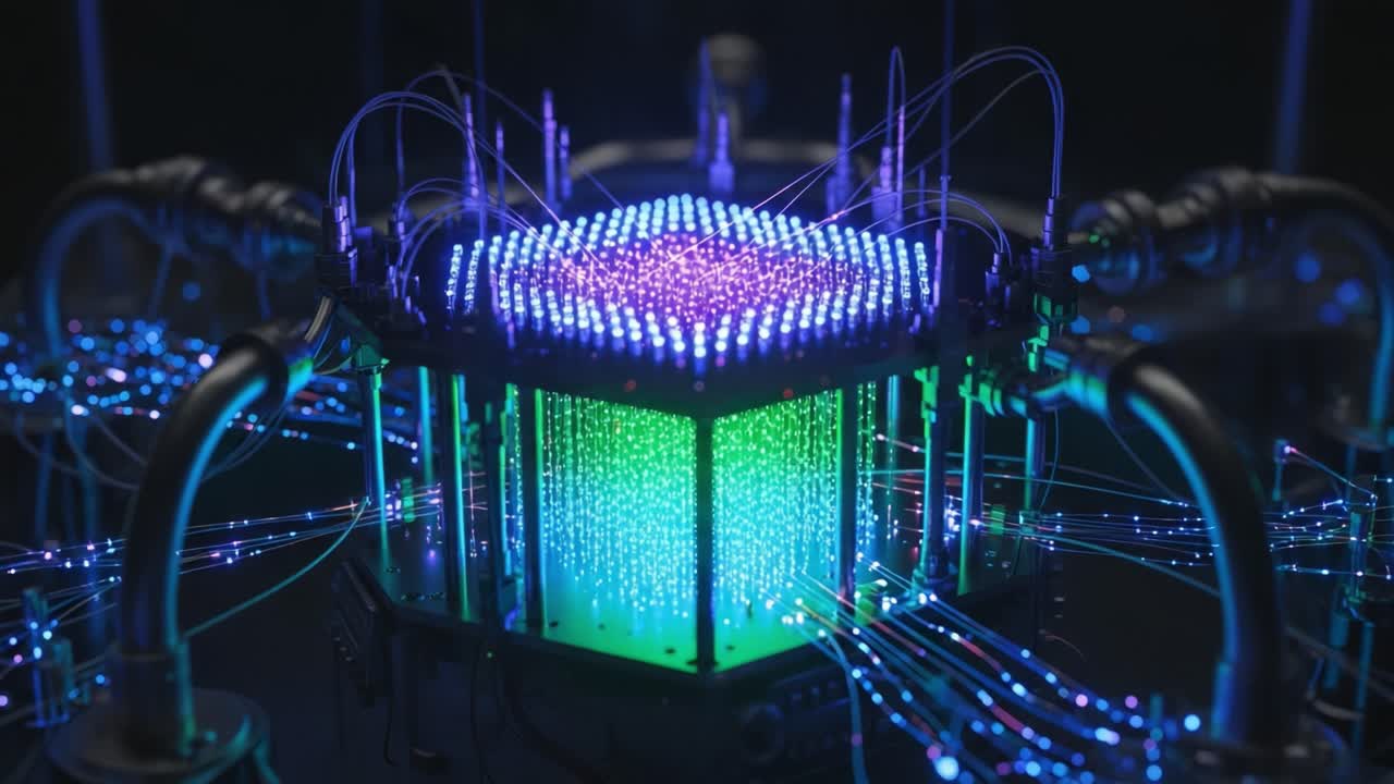 A Vibrant Display of Quantum Computing Technology Featuring a Hexagonal Core Surrounded by Colorful Light Patterns and Intricate Wiring in a High-Tech Environment