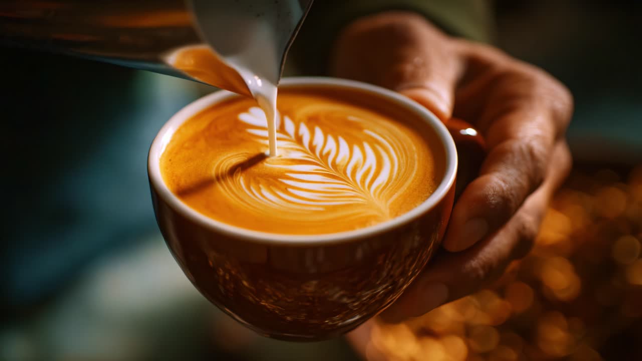Crafting a Beautiful Latte Art Design with Skillful Precision in a Warm and Inviting Coffee Setting, Highlighting Creamy Textures and Rich Colors