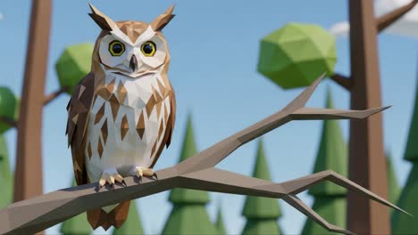 charming low-poly owl perched on branch amidst a stylized forest, showcasing intricate geometric patterns and vibrant colors in a playful nature scene
