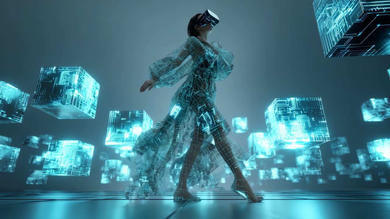 Woman in VR in a Futuristic Digital World