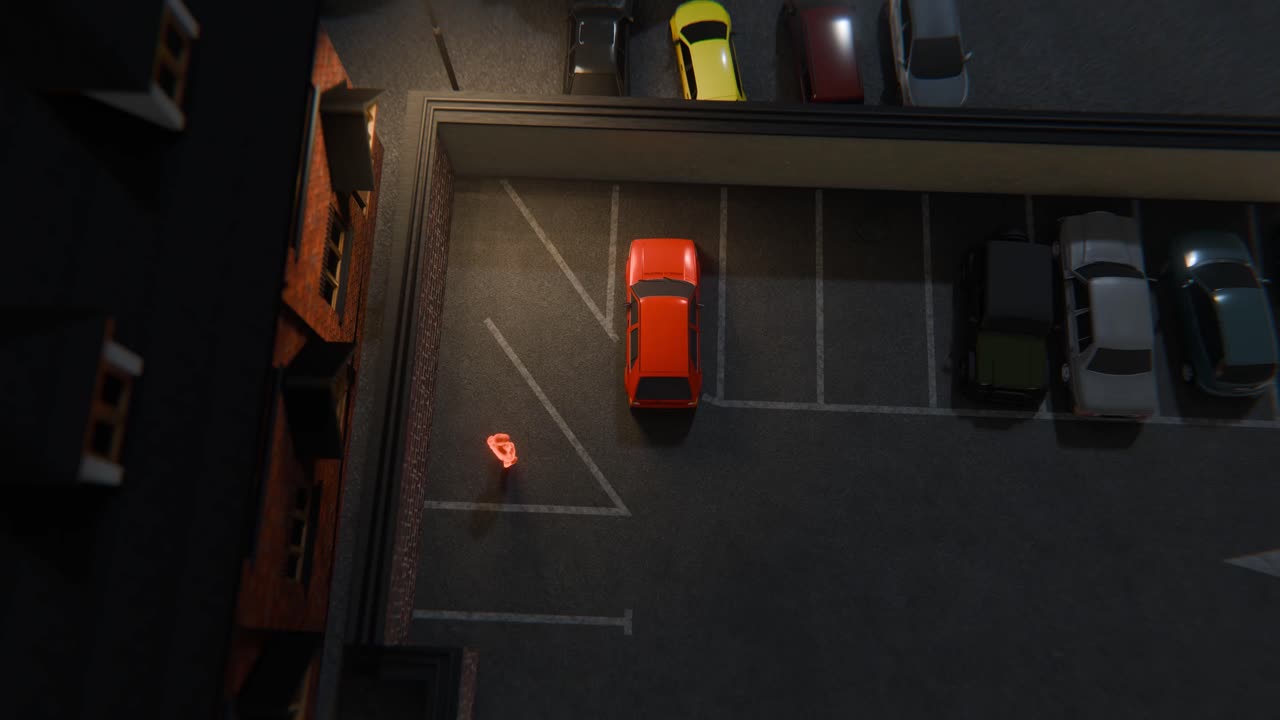 3D animation showing a vintage red VW car reversing out of a parking space at night