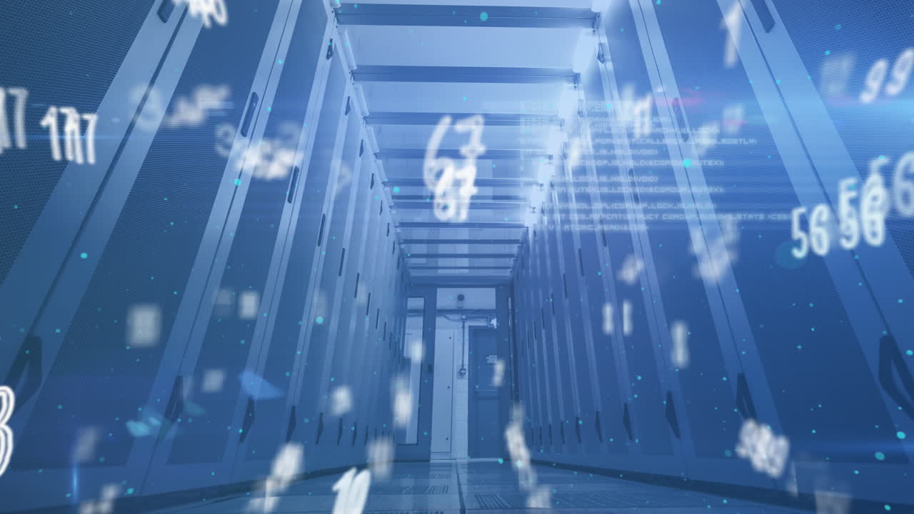 컴퓨터 서버와 함께 기술 방에서 바뀌는 숫자의 애니메이션