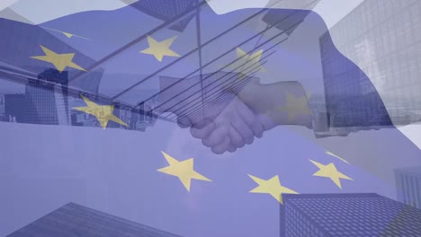 animación de la unión europea ondeando la bandera sobre el paisaje urbano