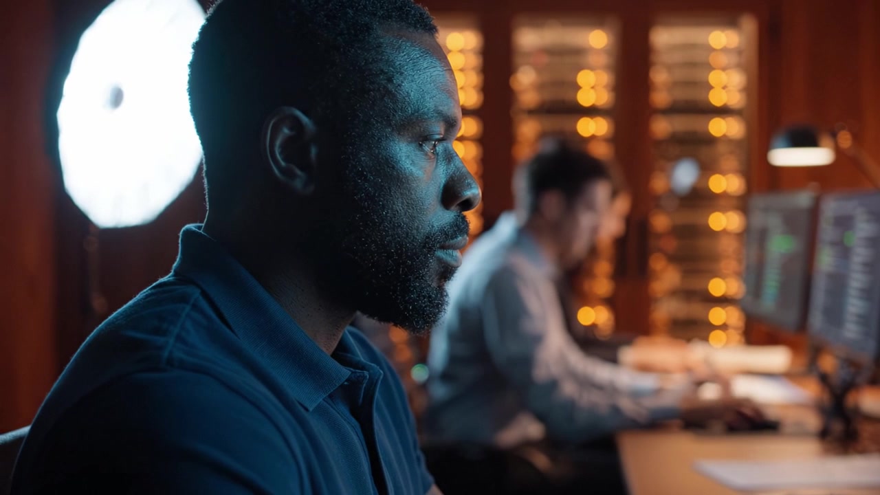 Individuo concentrato in una stanza in penombra, impegnato nell'analisi dei dati tra colleghi che lavorano al computer con monitor luminosi e un tenue bagliore di sfondo.