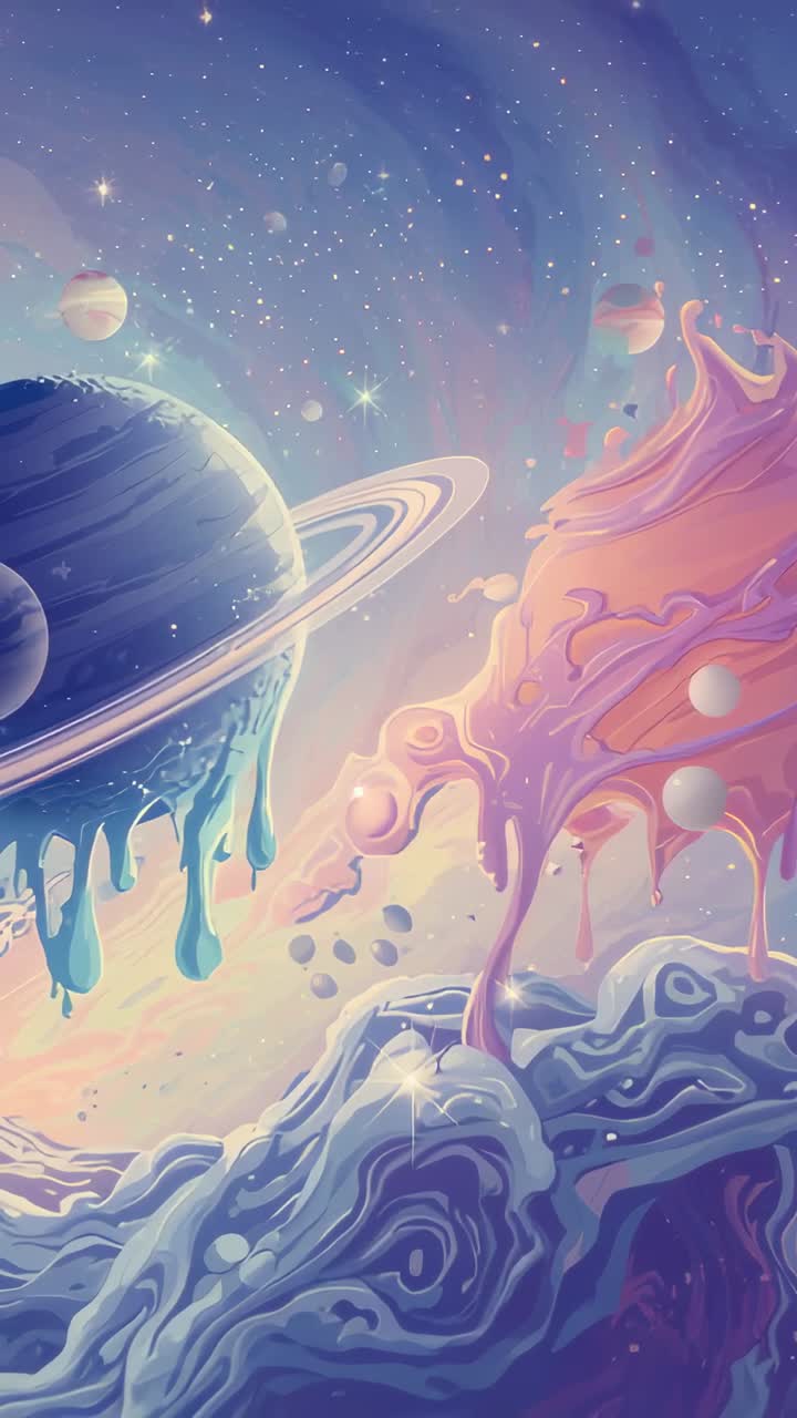 Vertical video: Playback showing ringed world dripping pastel paint against nebula and stars