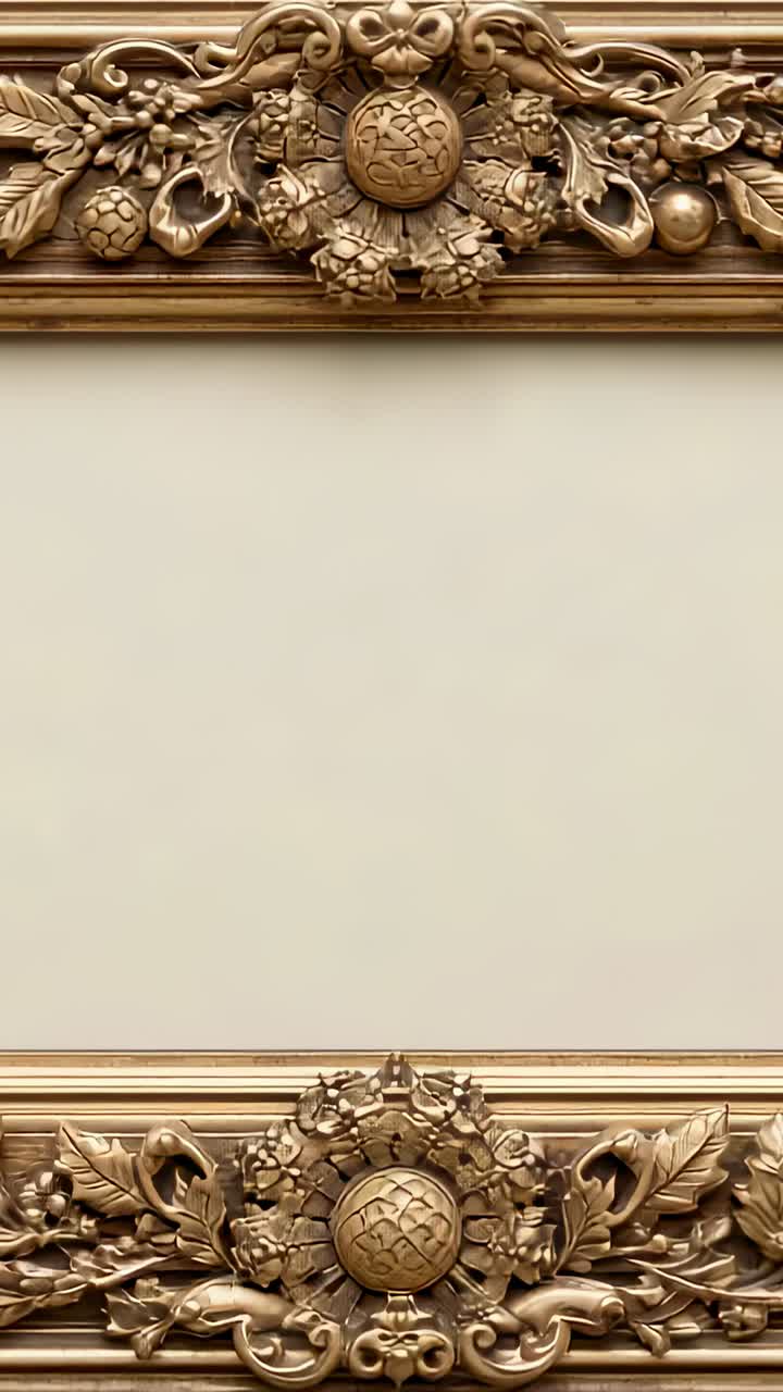 Vertical video: Drifting camera capturing gilded molding on cream wall, bringing medallion closer