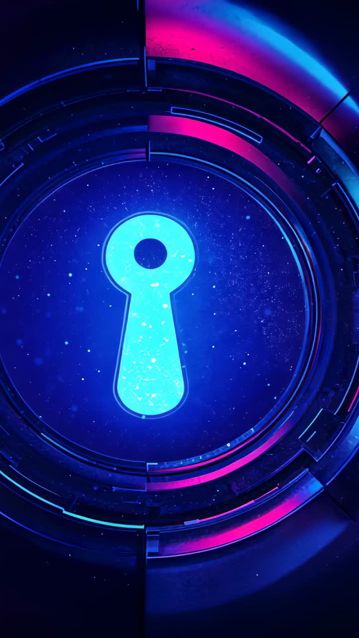 Vertical video: Starting glowing blue keyhole, rotating rings in interface, neon panels pulsing