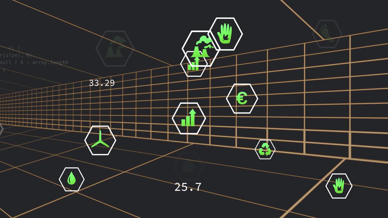 On startup cluster of green hexagon icons floating in orange grid visualizing real-time metrics