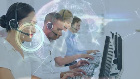 Animation-of-data-processing-over-diverse-business-people-using-phone-headsets