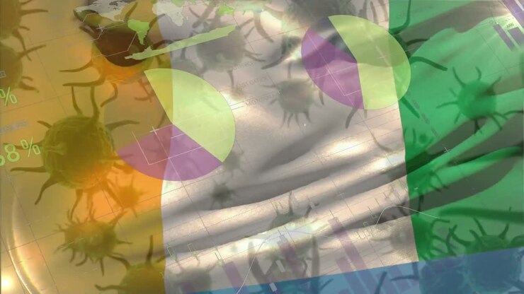 Makroaufnahme eines sich ausbreitenden Coronavirus, vor dem Hintergrund einer wehenden irischen Flagge.