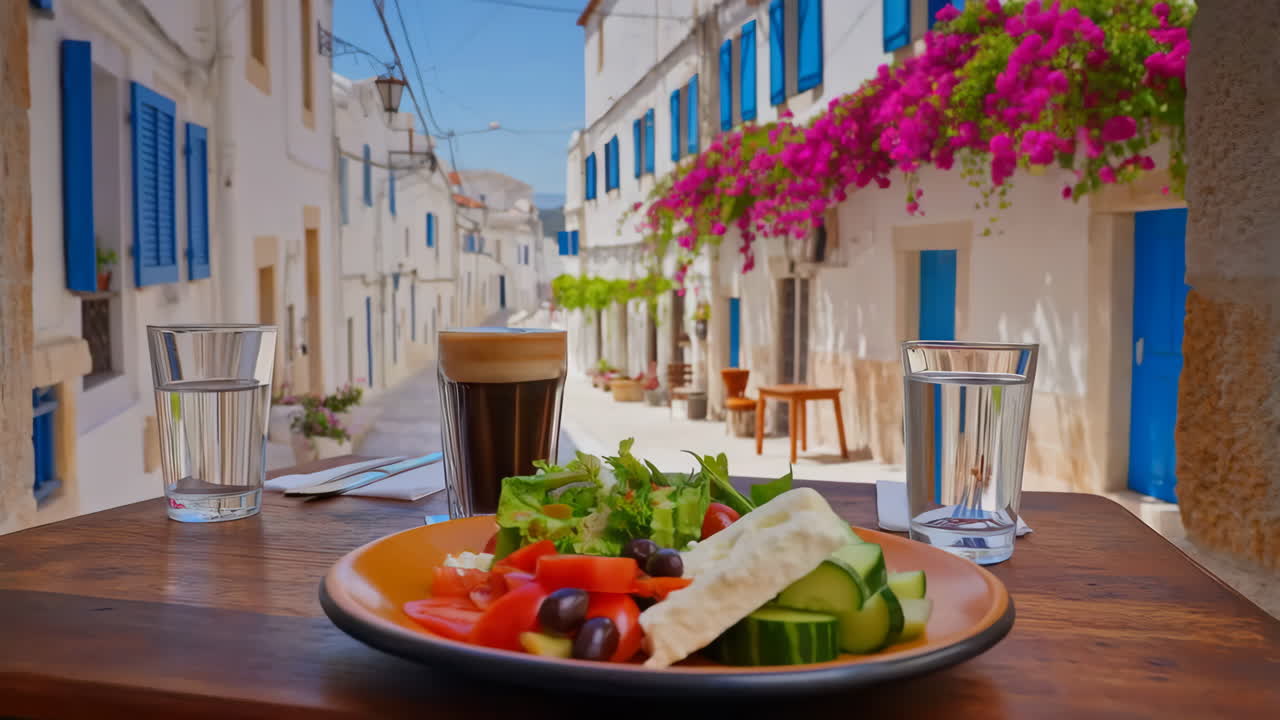 Mediterranean lunch on a charming street in a Greek village