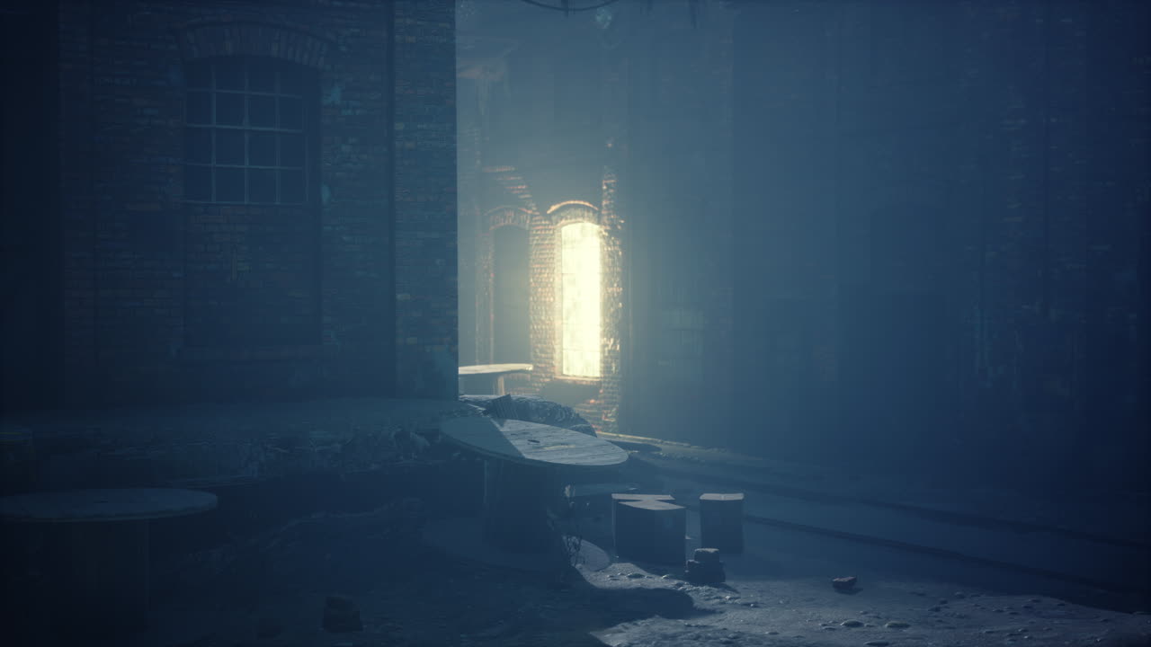 밤에 오래된 어두운 공장 창고 골목