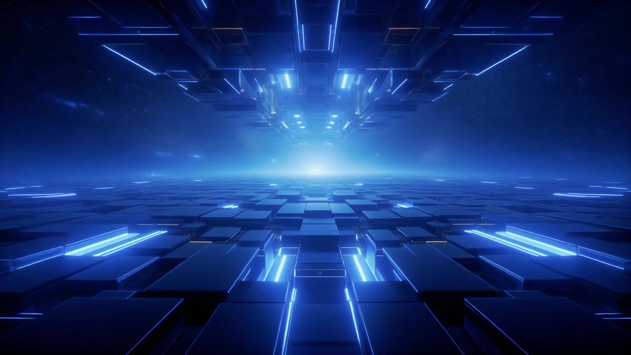 Futuristic Abstract Corridor with Glowing Blue Neon Lights