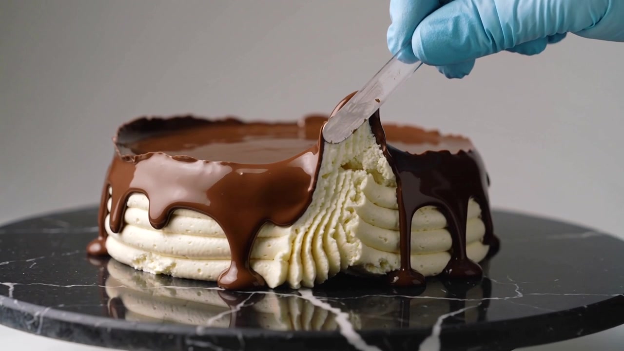 Mano destra guantata che solleva la ganache con una spatola da una torta in studio, rivelando la crema al burro
