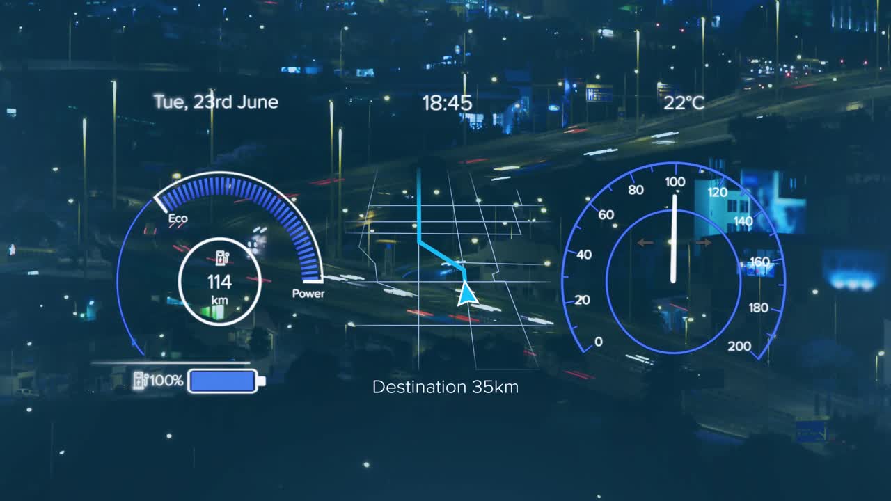 animación del procesamiento de datos del velocímetro de coches eléctricos sobre la ciudad
