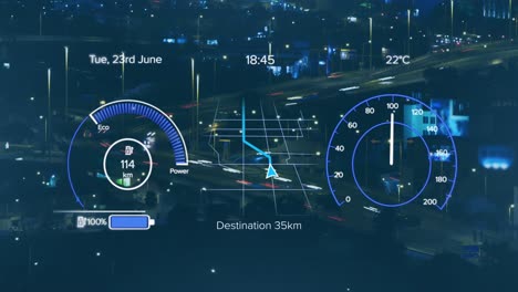 animation of electric car speedometer data processing over city