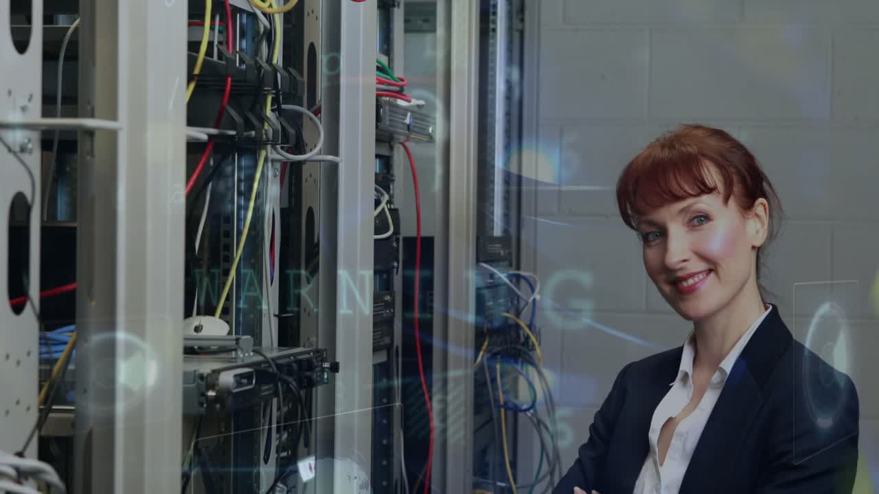 Cyber security data processing over portrait of caucasian female engineer smiling at server room