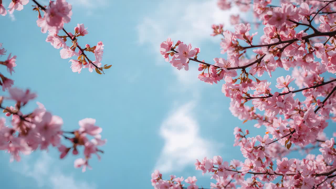 Tilting camera revealing cherry blossom branches swaying in breeze at park, showing pink blossoms