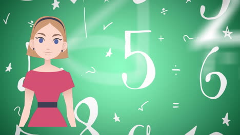 animación de una mujer hablando sobre números e icono de la escuela
