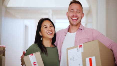 couple, boxes and happy for real estate