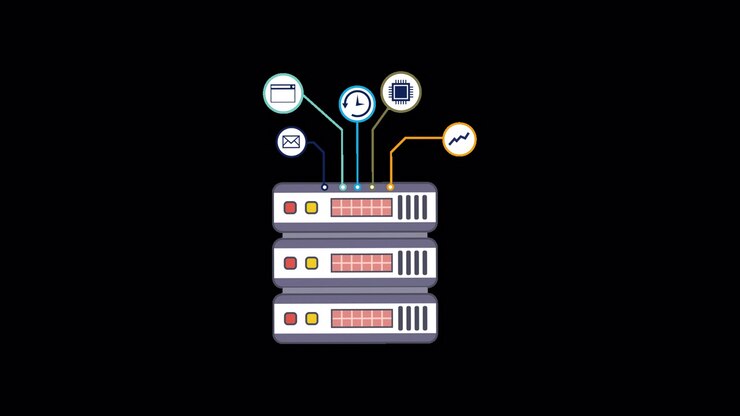 Animeret serverrack med tilsluttede digitale tjenester