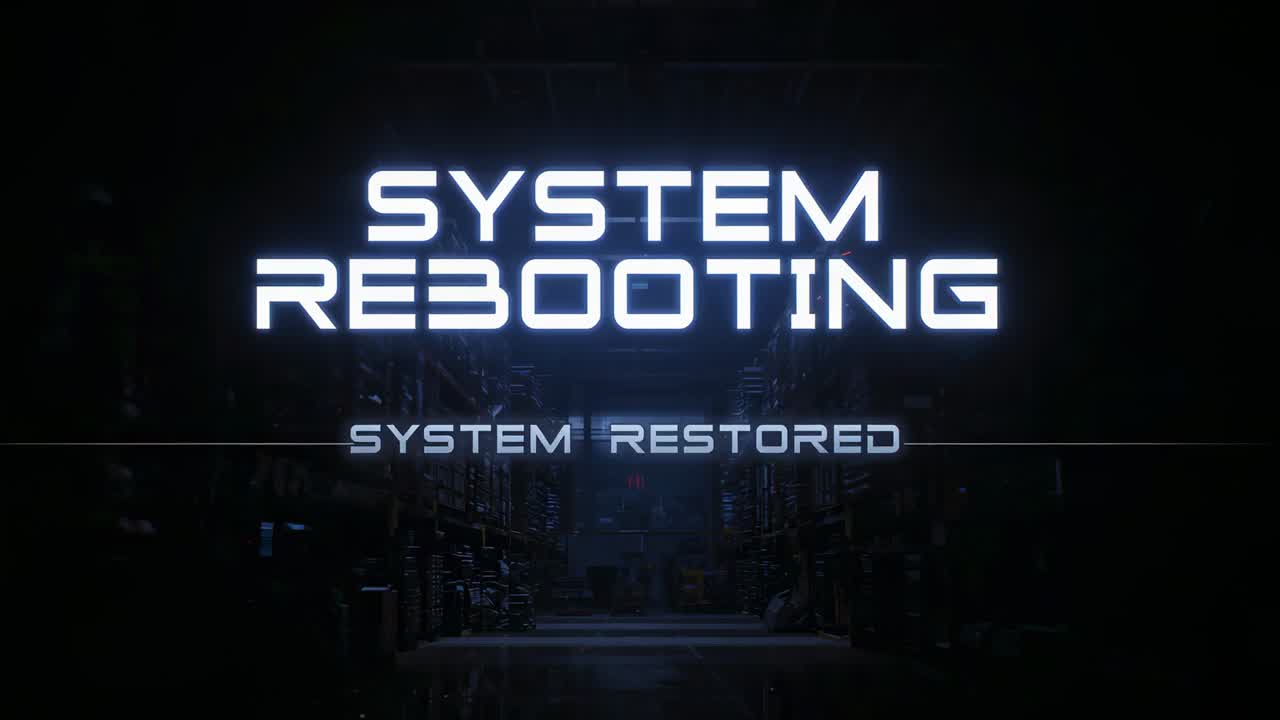 Starting glowing SYSTEM REBOOTING pulsing in dark server bay, showing SYSTEM RESTORED, progress bar