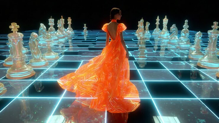 Un incontro mistico sulla scacchiera: una donna in un radioso abito arancione si erge elegantemente tra pezzi di scacchi traslucidi, creando una scena surreale di strategia e bellezza aggraziata