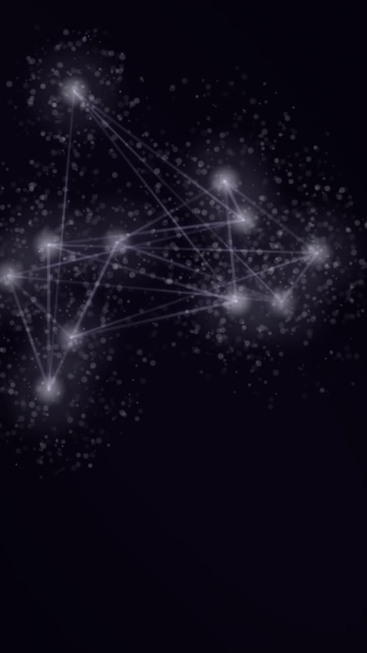 A dark abstract background with interconnected white dots and lines forming a network-like pattern, surrounded by subtle gray particles