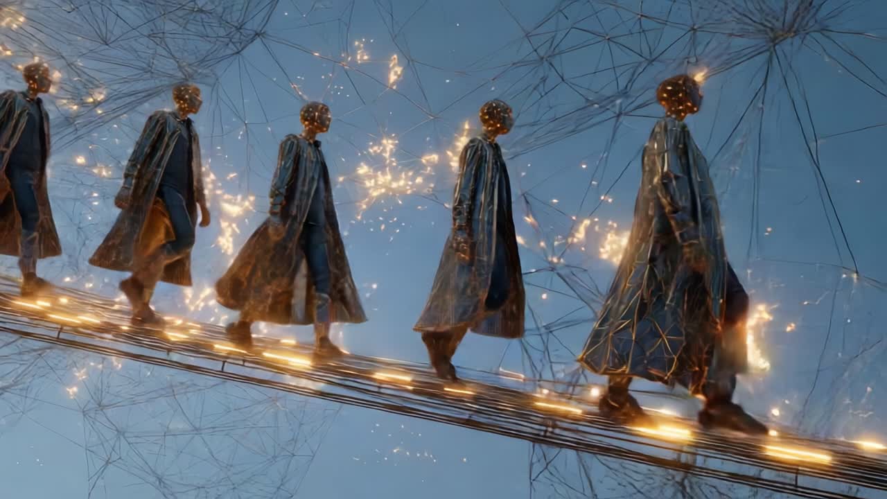 A Captivating Journey Through a Futuristic Realm: Glowing Figures Walk on an Ethereal Pathway Surrounded by a Star-Lit Background, Merging Technology and Art in a Stunning Visualization