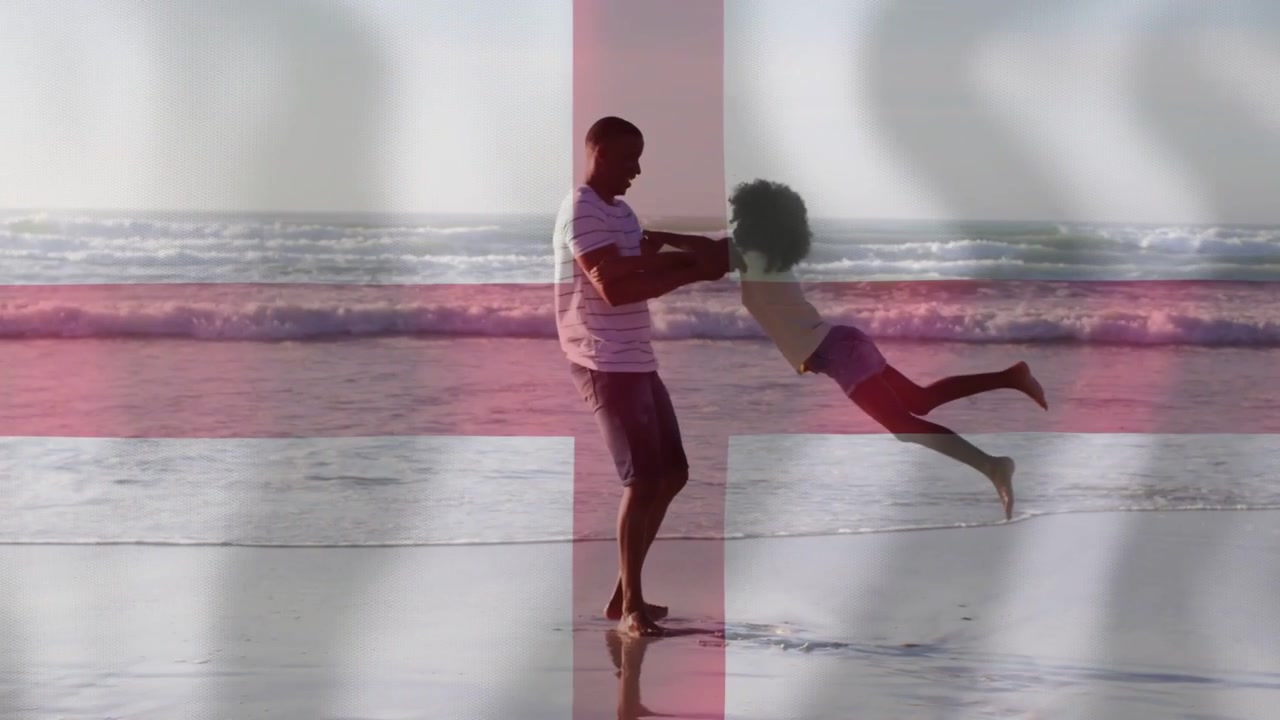 Vertical video: Family bonding: man swinging girl on sand after child running, red cross overlay