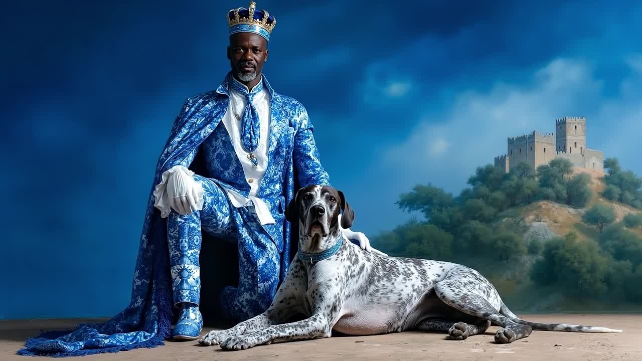A man in a blue suit sitting next to a large dog
