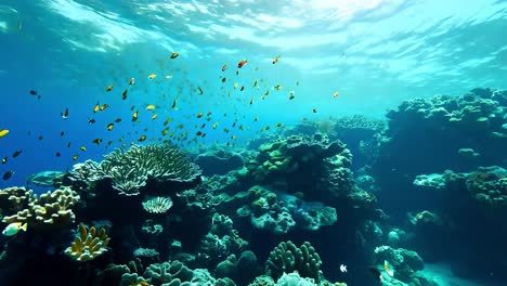 a vibrant coral reef teeming with colorful fish in the clear blue ocean