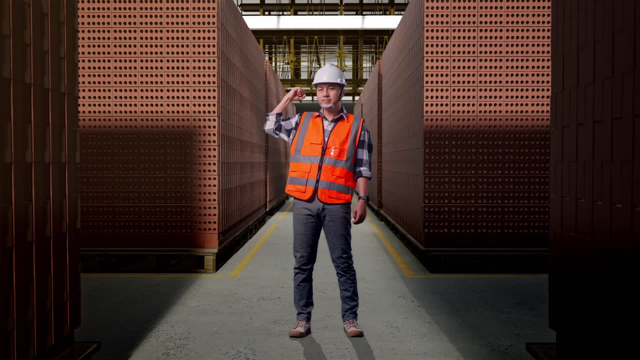 Full Body Of Asian Male Engineer With Safety Helmet Flexing His Bicep And Smiling To Camera While Standing With Red Brick Packed in Stacks Are Stored