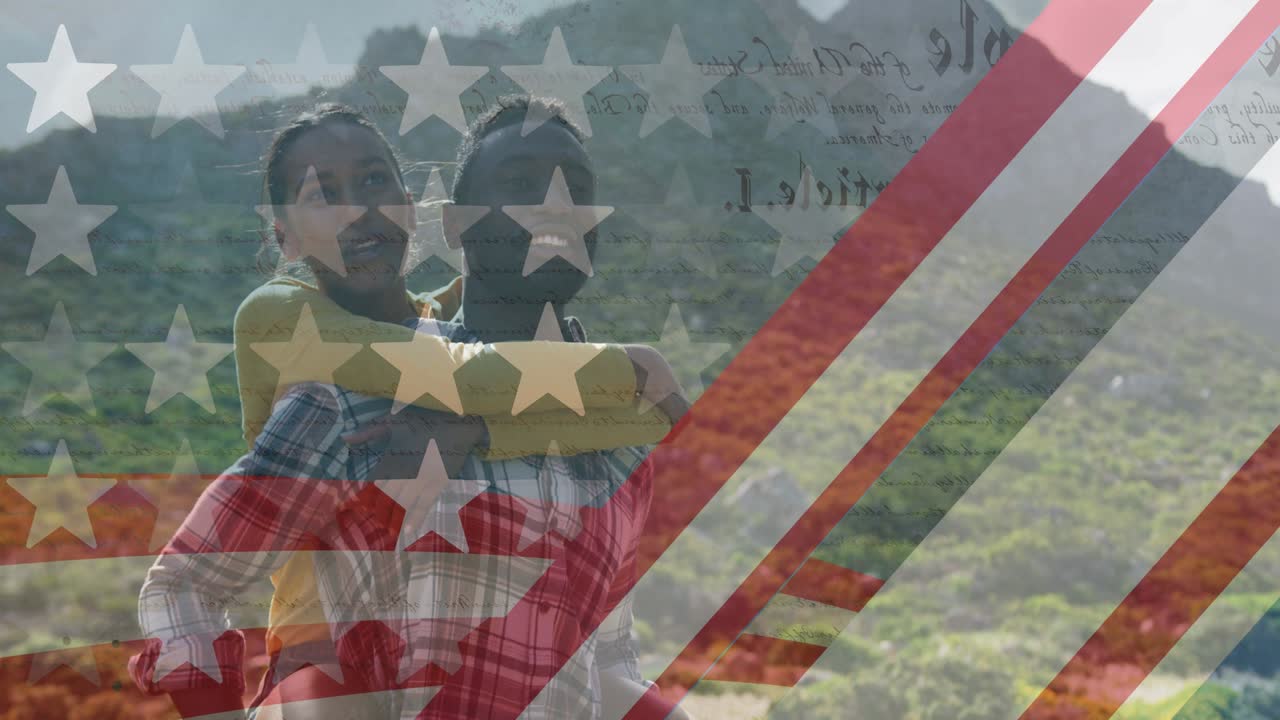 미소 짓는 다양한 커플이 산에서 포옹하는 미국  ⁇ 발의 애니메이션